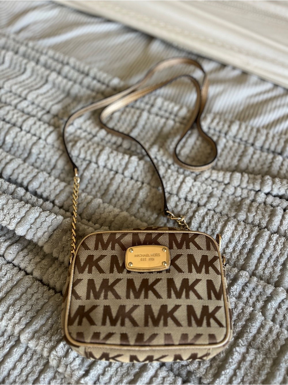 Michael Kors Brown Beige MK Logo Crossbody with Gold Hardware